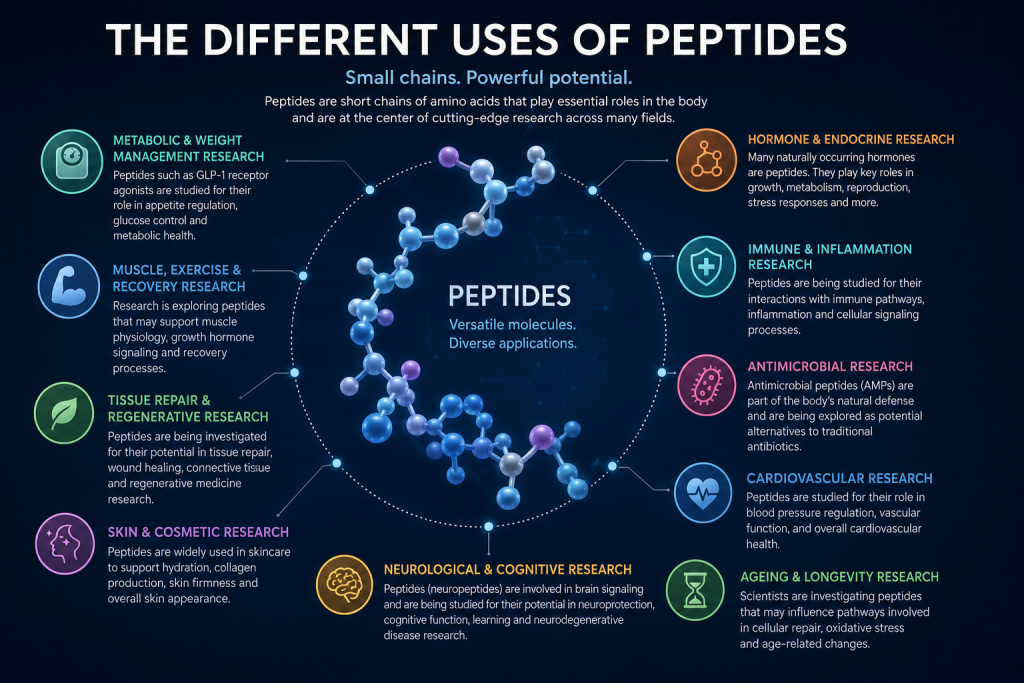 Different peptide uses explained across metabolic, tissue repair, skincare, neurological and antimicrobial research